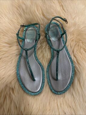 Rene Caovilla Emerald Crystal T-Strap Sandals